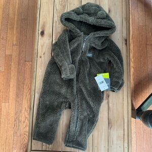 NWT Eddie Bauer Olive Green Neutral Hooded Teddy Full Zip Pram One Piece 12M